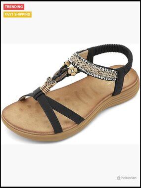 Bohemian Flat Sandals with Back Strap Summer Beach Comfortable Bling